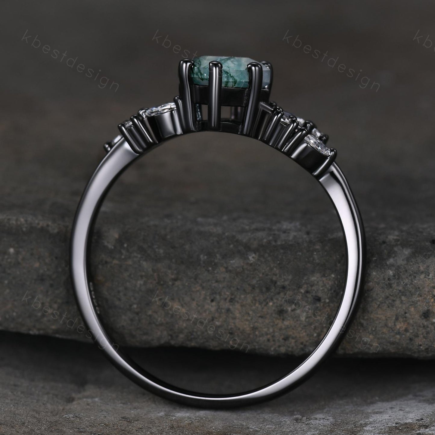 Vintage moss agate engagement ring unique black gold promise ring for women moissanite cluster ring kite cut bridal anniversary ring