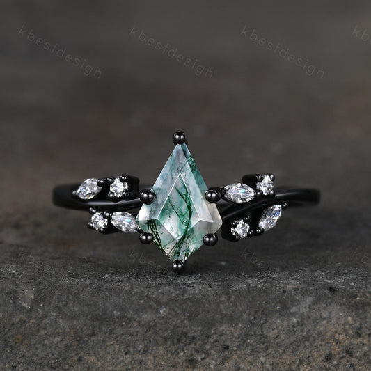 Vintage moss agate engagement ring unique black gold promise ring for women moissanite cluster ring kite cut bridal anniversary ring