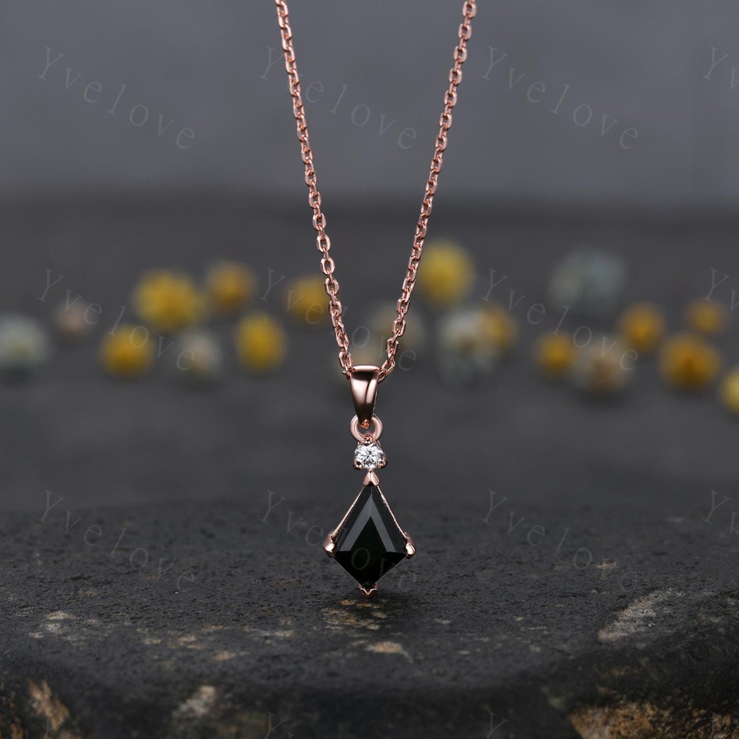 Vintage unique kite cut black onyx necklace solid 14k rose gold diamond personalized pendant for women anniversary bridal gift for her