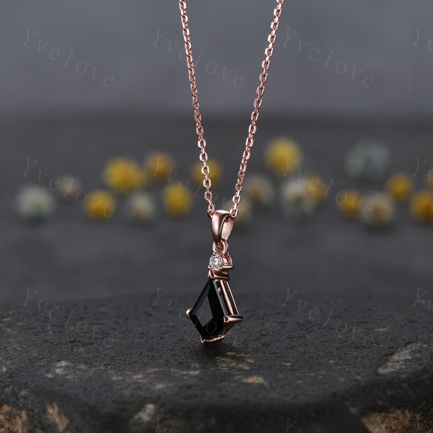 Vintage unique kite cut black onyx necklace solid 14k rose gold diamond personalized pendant for women anniversary bridal gift for her