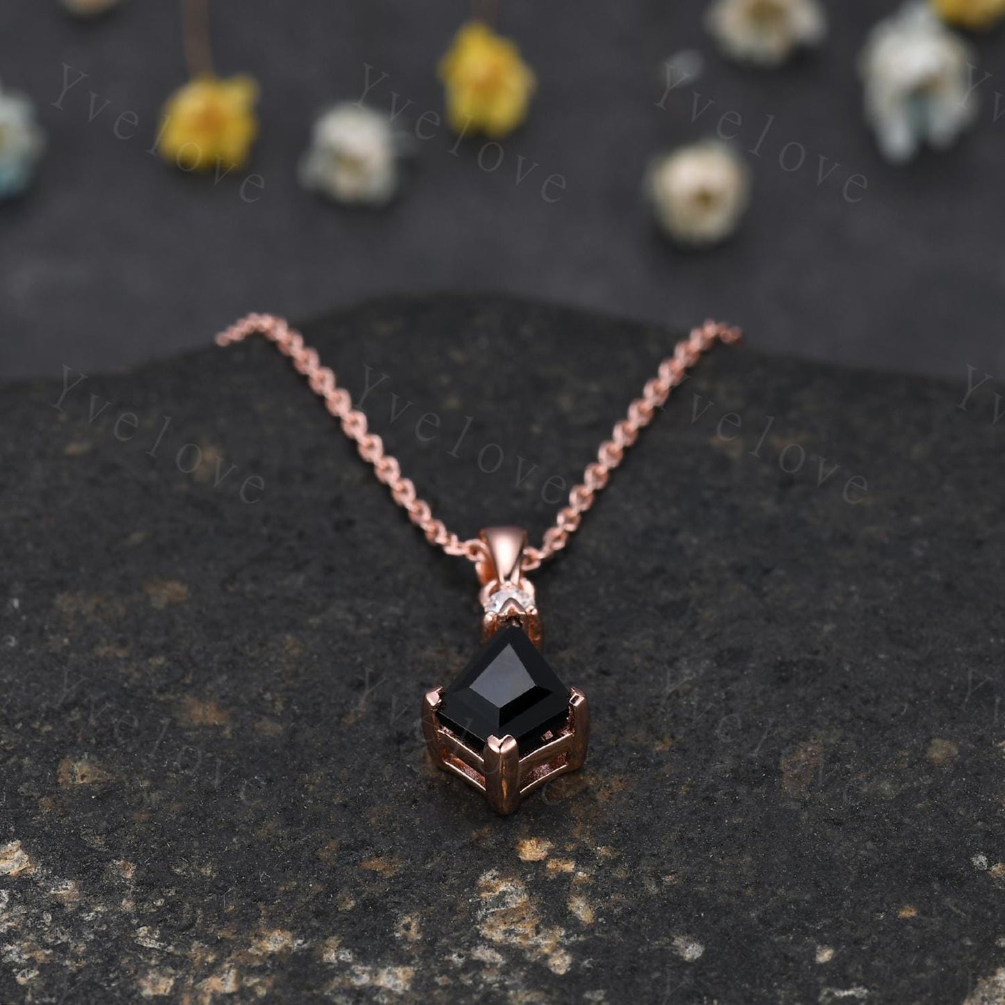 Vintage unique kite cut black onyx necklace solid 14k rose gold diamond personalized pendant for women anniversary bridal gift for her