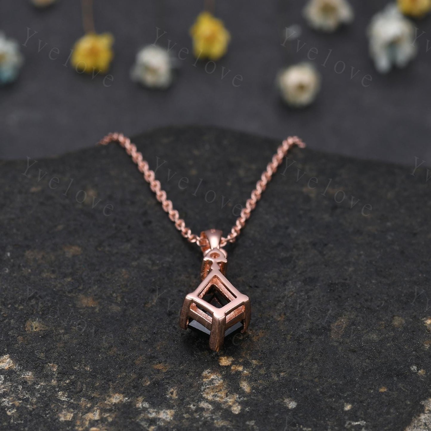 Vintage unique kite cut black onyx necklace solid 14k rose gold diamond personalized pendant for women anniversary bridal gift for her
