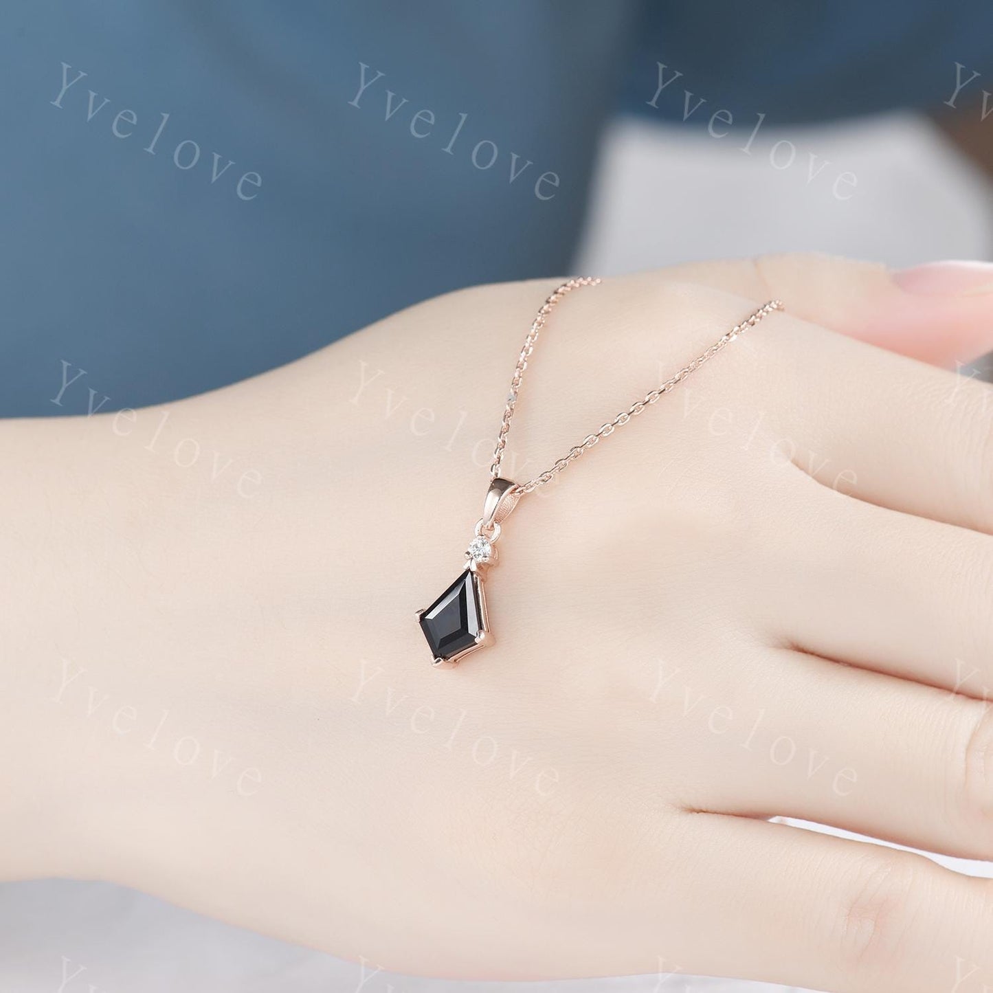 Vintage unique kite cut black onyx necklace solid 14k rose gold diamond personalized pendant for women anniversary bridal gift for her