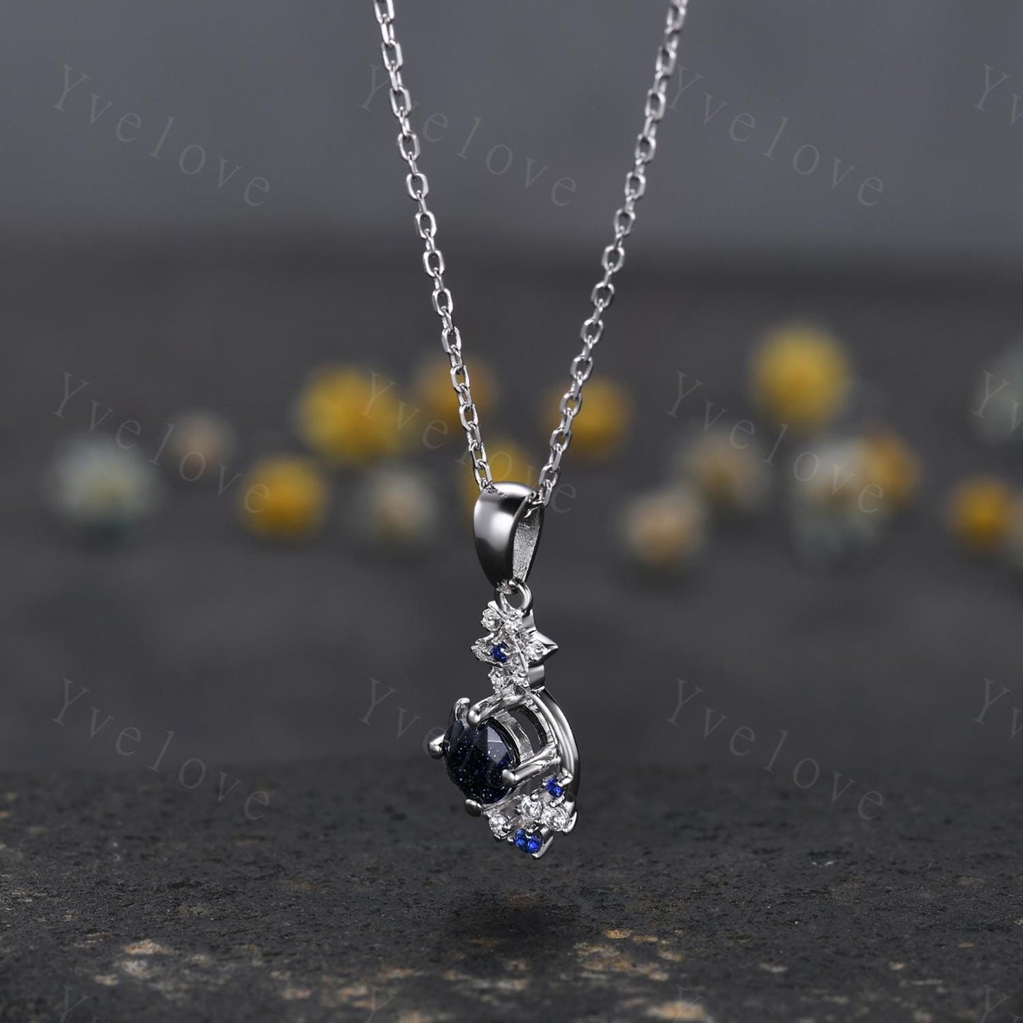 Art Deco round cut blue sandstone necklace solid 18k white gold cluster moon diamond pendant blue gemstone promise necklace anniversary gift