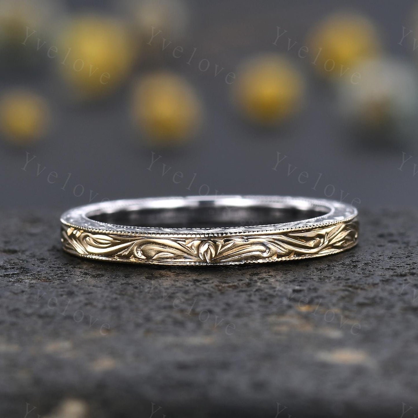 Unique Two tone band,yellow gold and white gold,14k Plain Gold Ring,Filigree Floral Design,Wedding Ring,Engagement Ring,Retro Vintage Ring