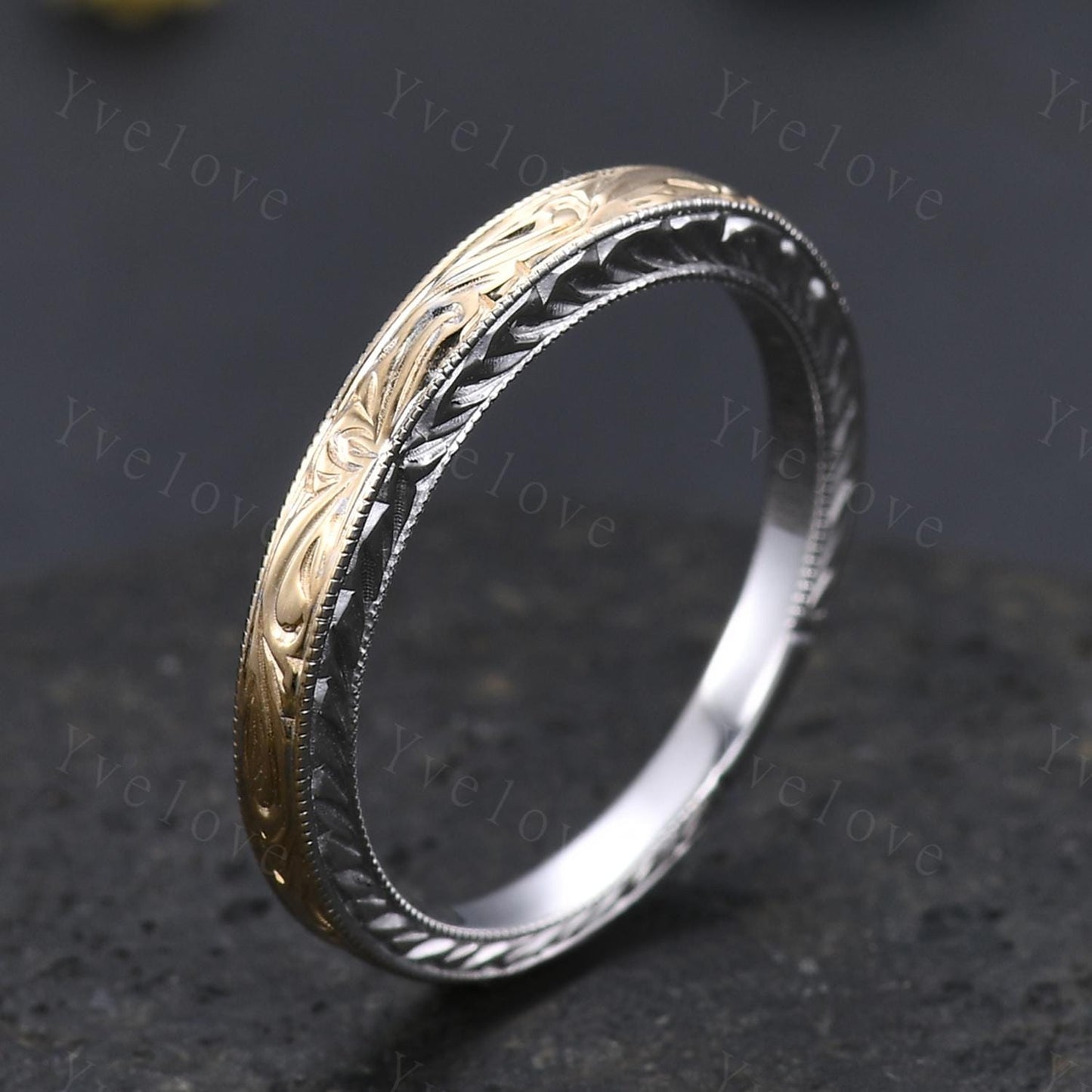 Unique Two tone band,yellow gold and white gold,14k Plain Gold Ring,Filigree Floral Design,Wedding Ring,Engagement Ring,Retro Vintage Ring