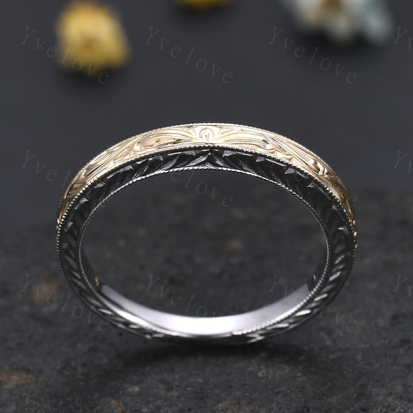 Unique Two tone band,yellow gold and white gold,14k Plain Gold Ring,Filigree Floral Design,Wedding Ring,Engagement Ring,Retro Vintage Ring