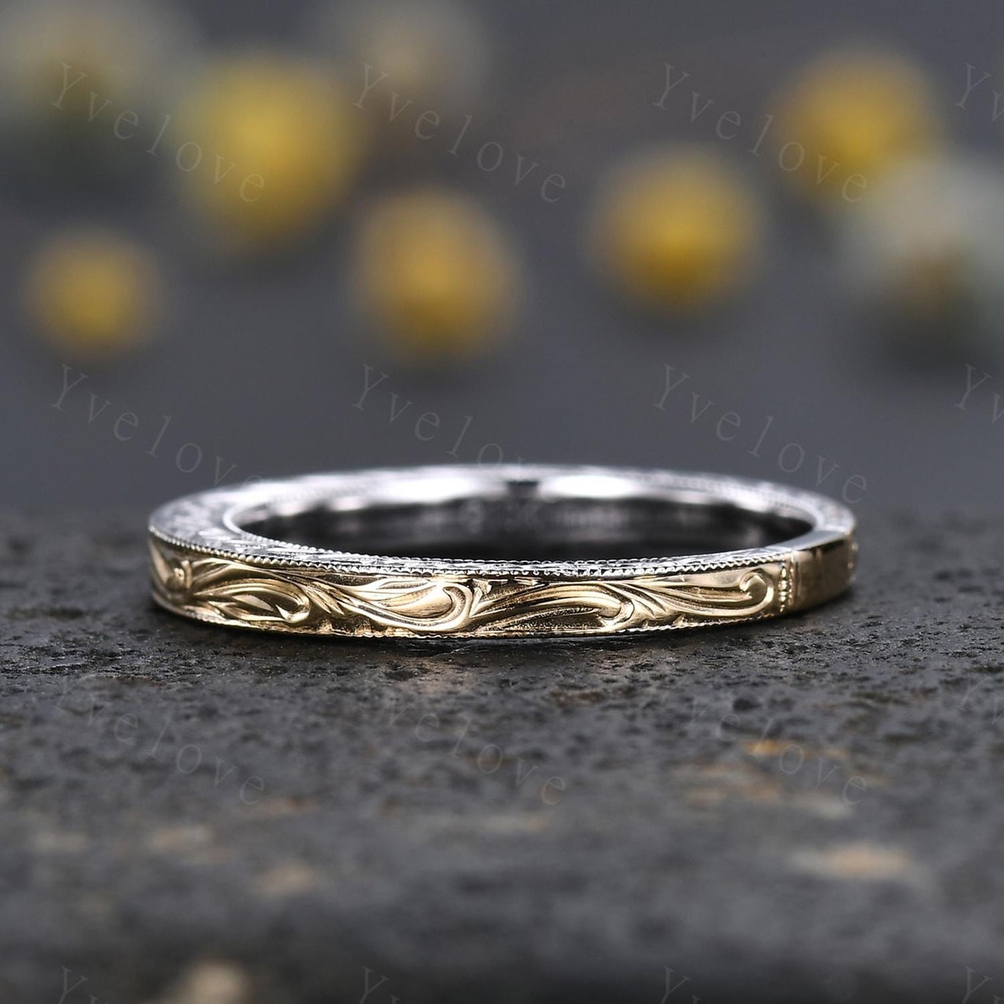 Unique Two tone band,yellow gold and white gold,14k Plain Gold Ring,Filigree Floral Design,Wedding Ring,Engagement Ring,Retro Vintage Ring