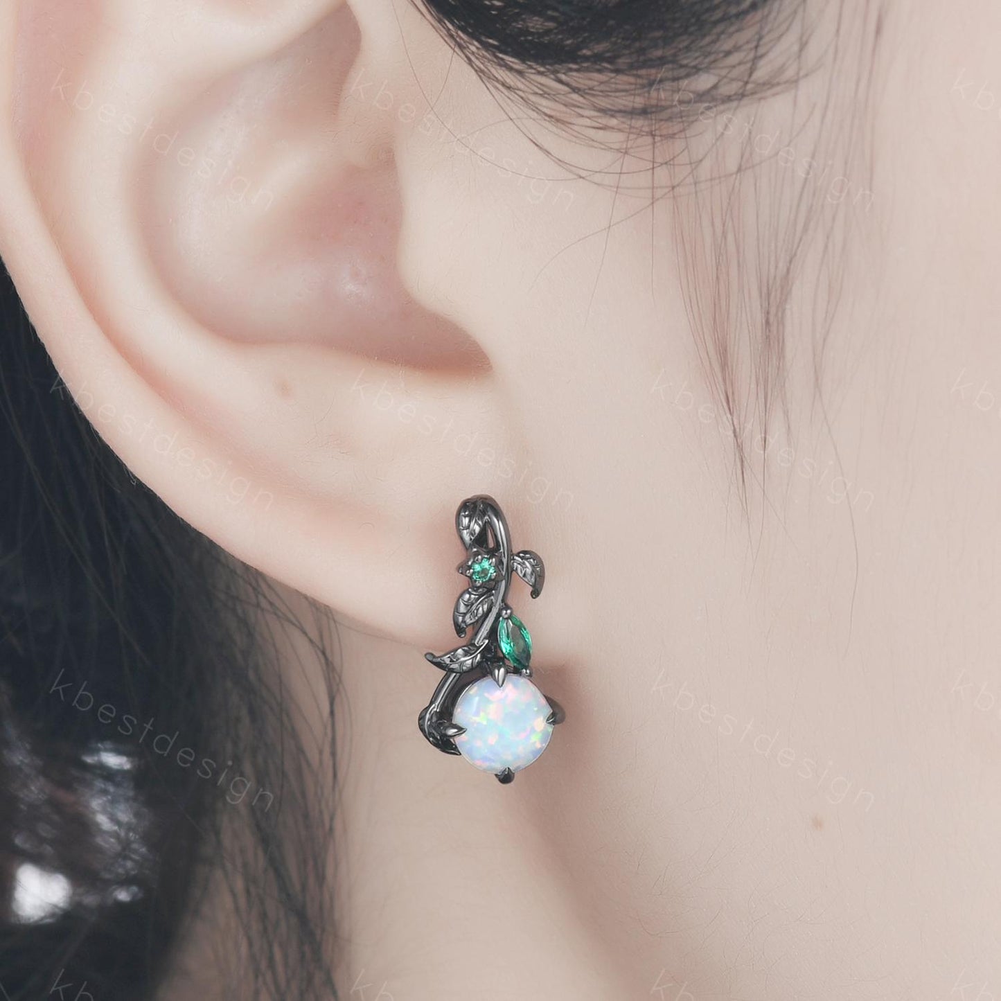 Nature inspired Opal earrings women black gold earring studs leaf style emerald earrings art deco white opal studs anniversary gift for her