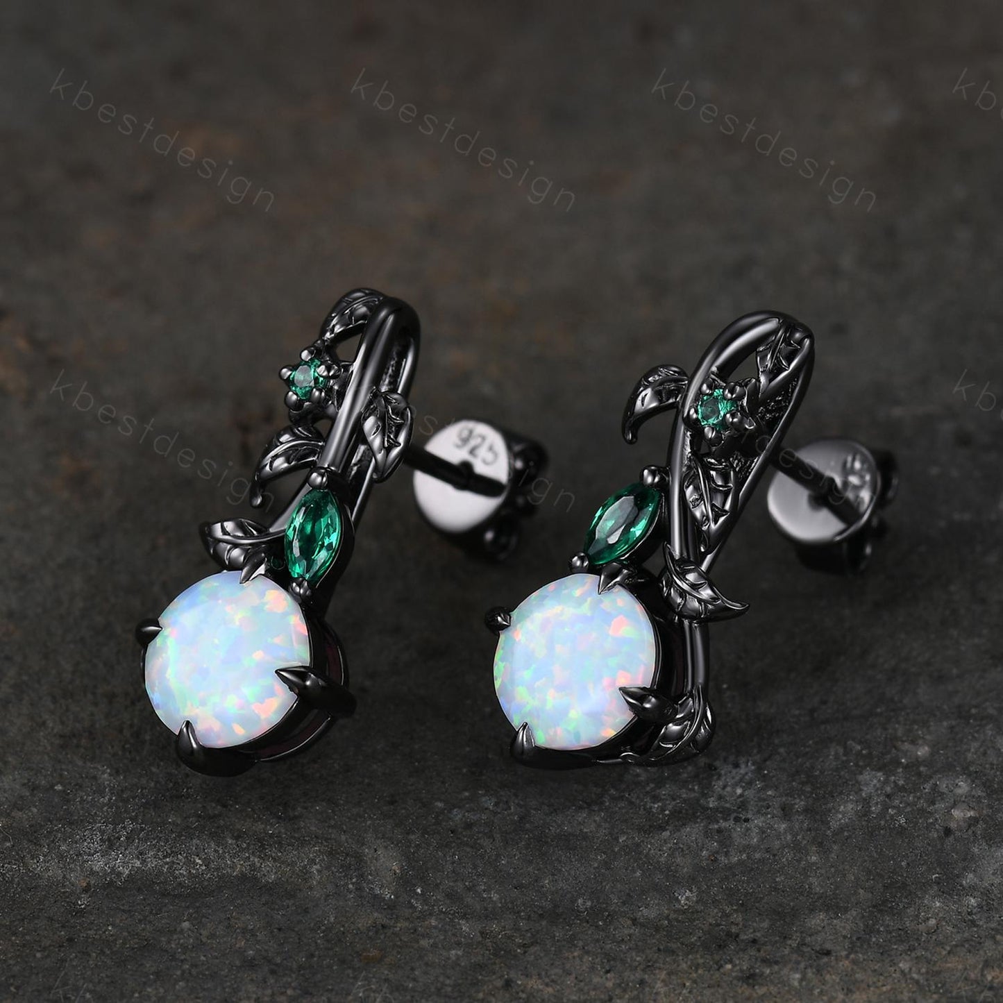 Nature inspired Opal earrings women black gold earring studs leaf style emerald earrings art deco white opal studs anniversary gift for her