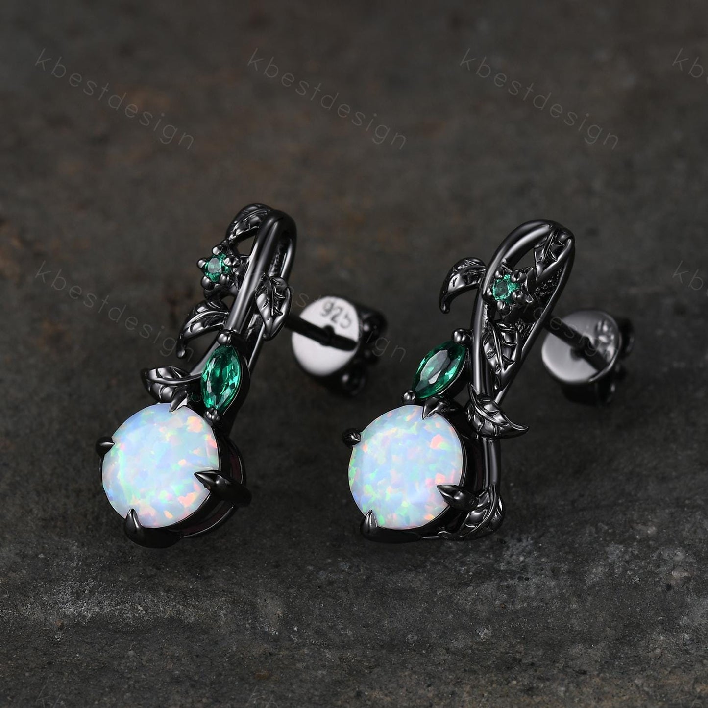 Nature inspired Opal earrings women black gold earring studs leaf style emerald earrings art deco white opal studs anniversary gift for her