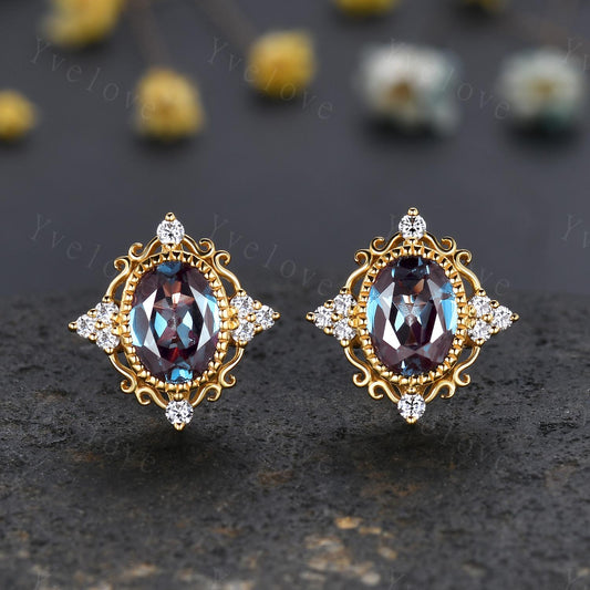 Retro Oval Cut Alexandrite Earrings,Art Deco Diamond Delicate Stud Earrings,Yellow Gold Earrings,Personalized Gift Bridal Earrings for Her