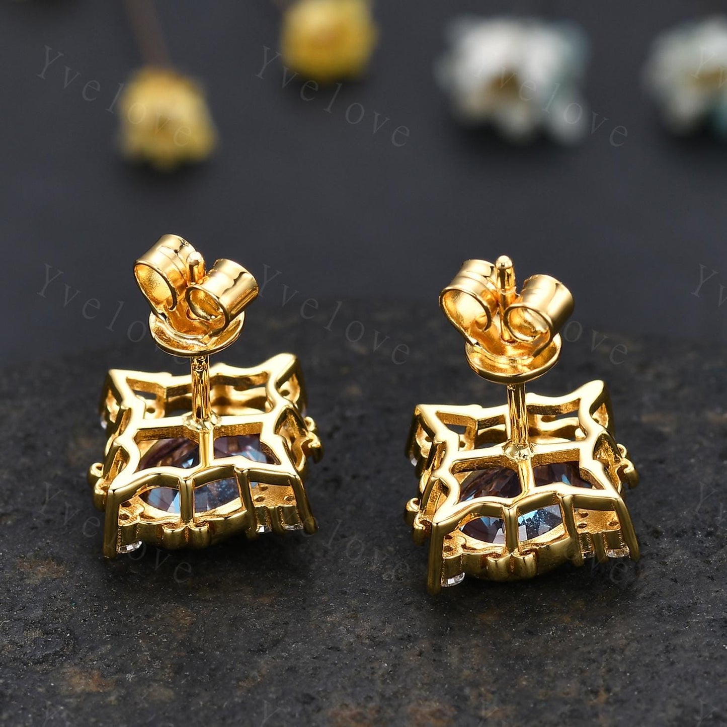 Retro Oval Cut Alexandrite Earrings,Art Deco Diamond Delicate Stud Earrings,Yellow Gold Earrings,Personalized Gift Bridal Earrings for Her