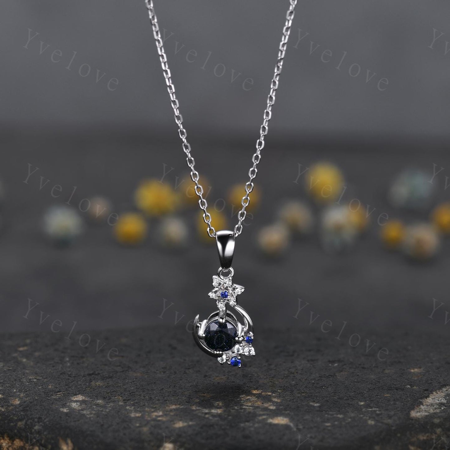 Art Deco round cut blue sandstone necklace solid 18k white gold cluster moon diamond pendant blue gemstone promise necklace anniversary gift