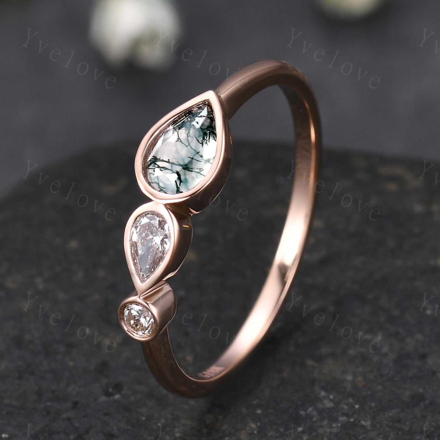 Vintage Pear Cut Moss Agate Ring Engagement Ring,Bezel Set Ring,Art Deco Moissanite Wedding Band,3 Stone Unique Women Bridal Promise Ring