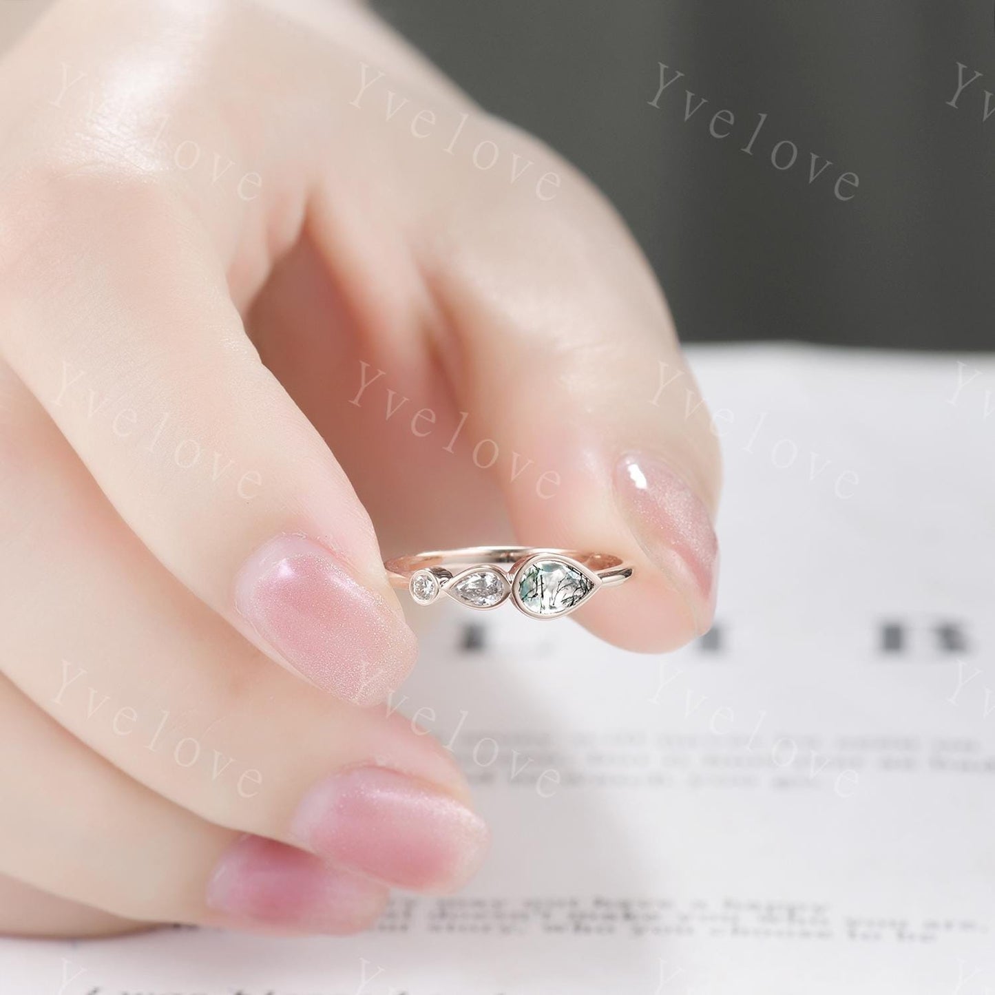 Vintage Pear Cut Moss Agate Ring Engagement Ring,Bezel Set Ring,Art Deco Moissanite Wedding Band,3 Stone Unique Women Bridal Promise Ring
