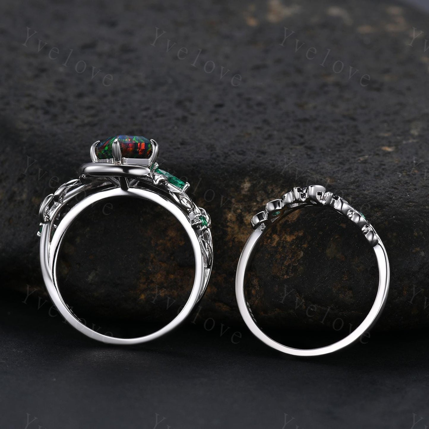 Kite Cut Black Fire Opal Engagement Ring Set Moon Star 925 Silver Band Green Emerald Bridal Ring Promise Ring Opal Jewellery Gifts For Her
