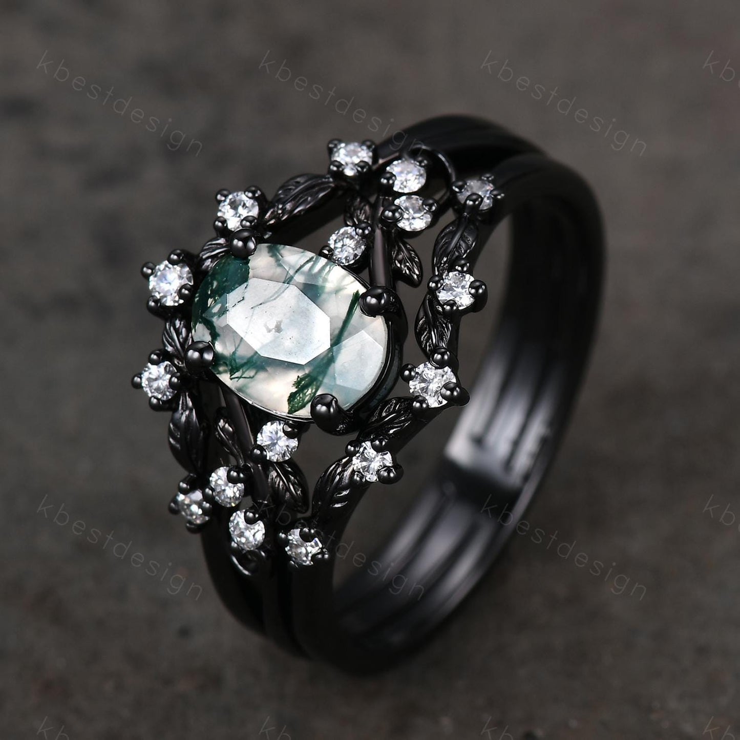 3PCS oval moss agate engagement ring set black gold twig leaf moissanite ring nature branch ring unique art deco bridal wedding ring set