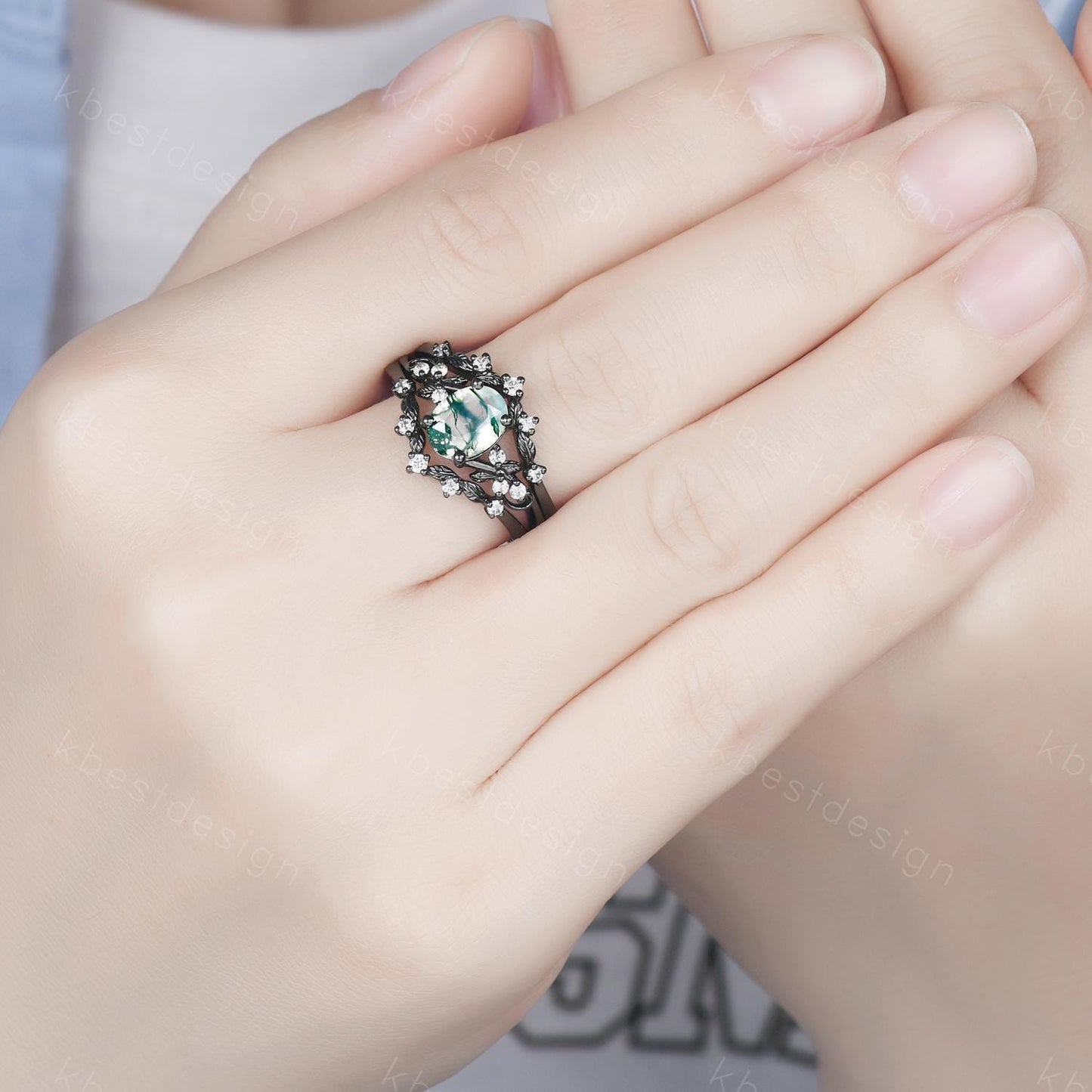 3PCS oval moss agate engagement ring set black gold twig leaf moissanite ring nature branch ring unique art deco bridal wedding ring set
