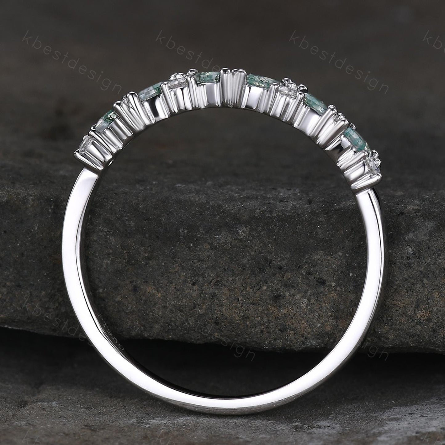 Moss agate cluster wedding band Unique marquise cut gem wedding band Vintage Moissanite ring Solid white gold ring Anniversary gift for Her