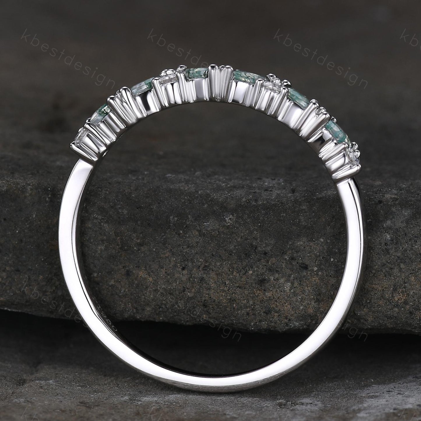 Moss agate cluster wedding band Unique marquise cut gem wedding band Vintage Moissanite ring Solid white gold ring Anniversary gift for Her