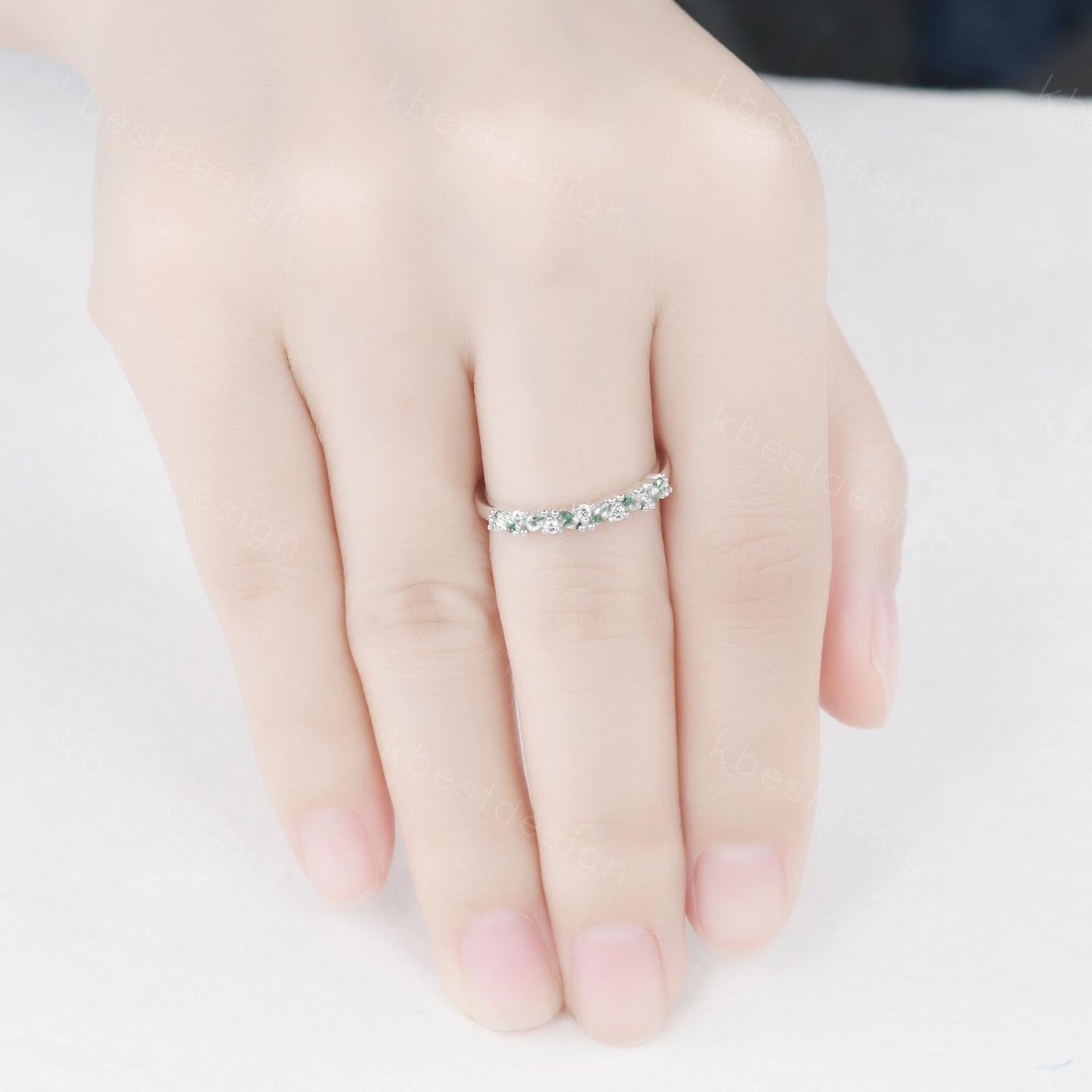 Moss agate cluster wedding band Unique marquise cut gem wedding band Vintage Moissanite ring Solid white gold ring Anniversary gift for Her