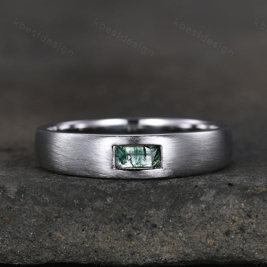 Mens Moss agate Wedding Band Baguette Cut Green Agate Band 5mm White Gold Men's Stacking Matching Band Brush Finished Band Gift for Him