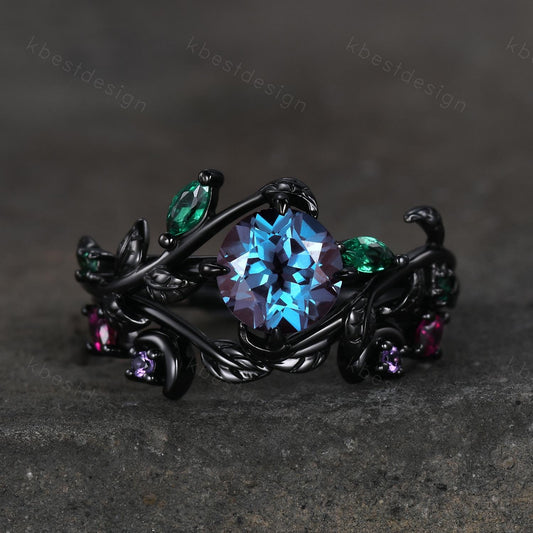 Vintage round cut alexandrite engagement ring black gold art deco cluster leaf wedding ring set multi stone ring bridal promise ring for her