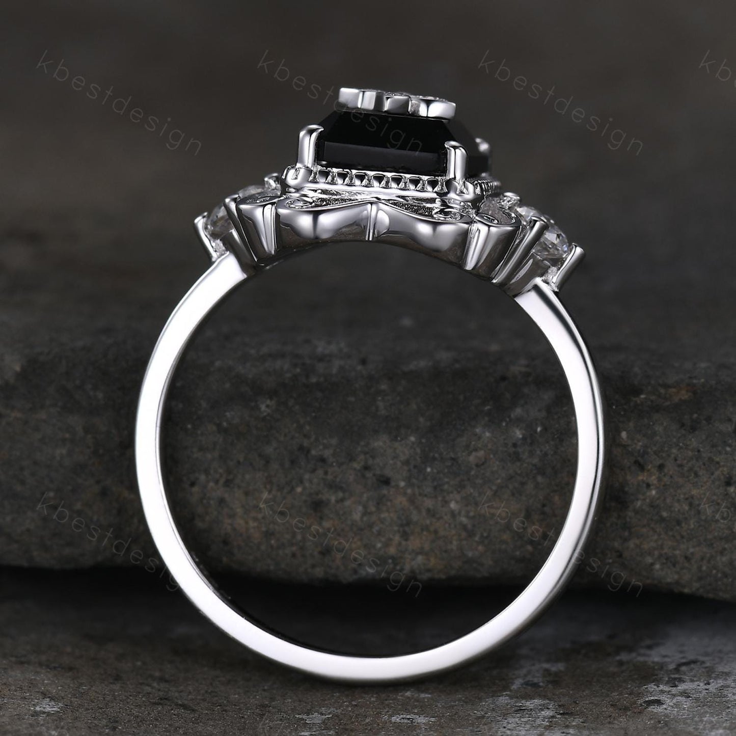 Antique black onyx engagement ring 7x9mm emerald cut gemstone statement ring sterling silver ring for women vintage bridal promise ring