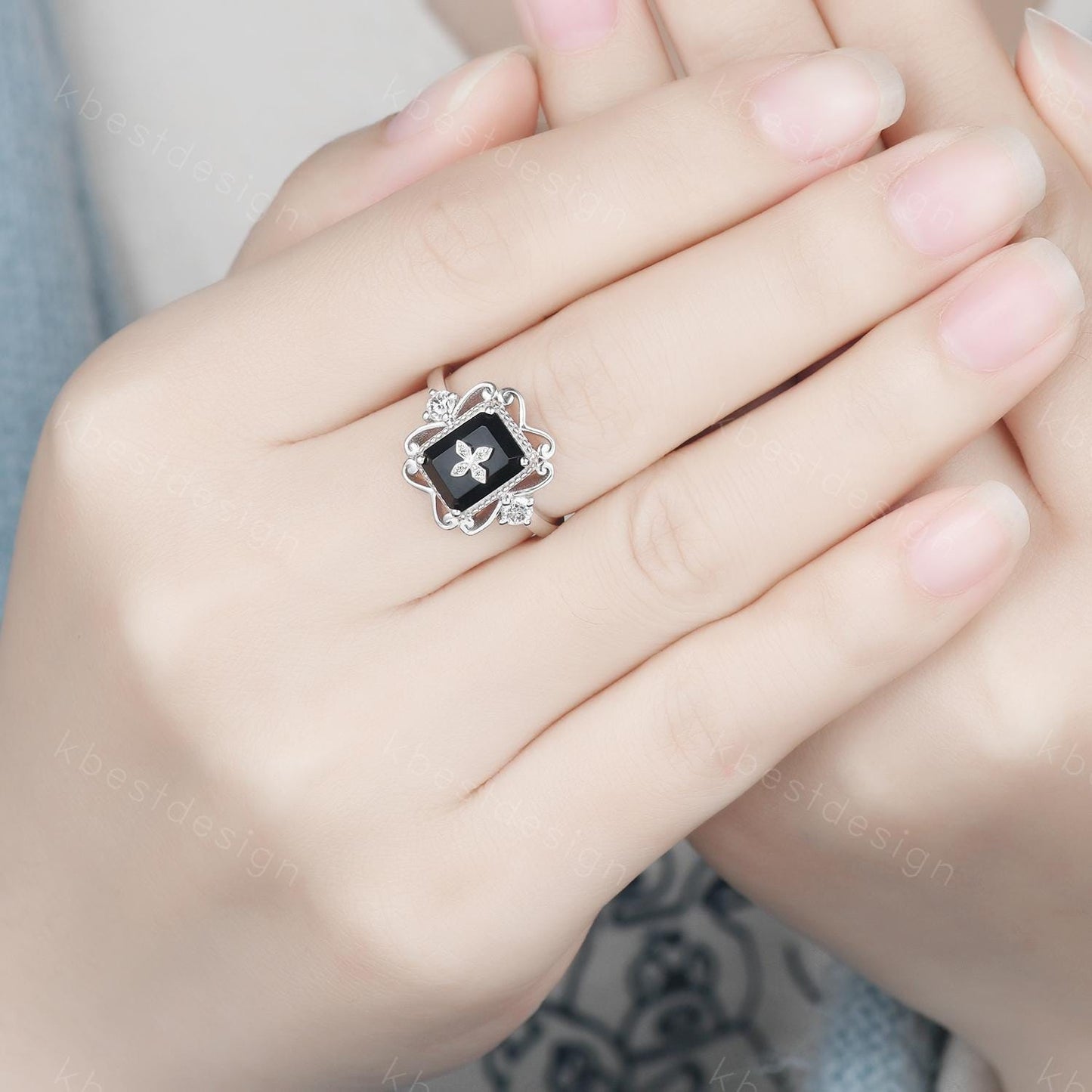 Antique black onyx engagement ring 7x9mm emerald cut gemstone statement ring sterling silver ring for women vintage bridal promise ring