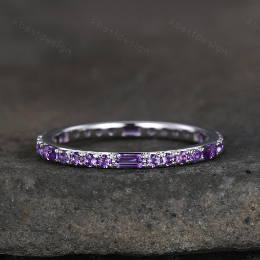 Baguette cut Amethyst Wedding Band Full Eternity Stacking Band Purple Amethyst Ring Women Matching Band Promise Anniversary Ring Gift