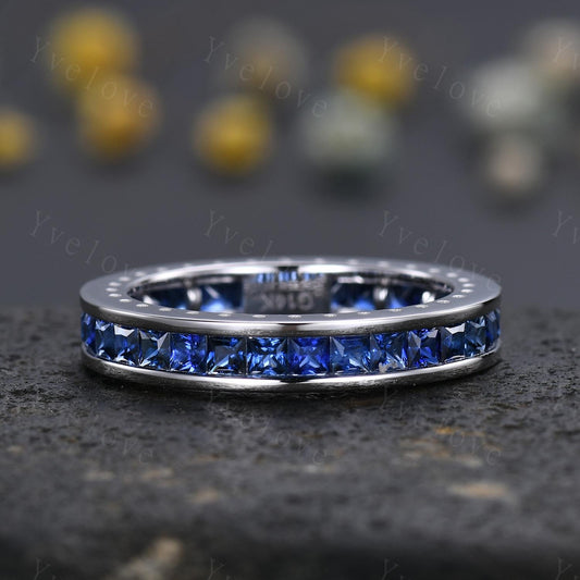 Mens Natural Blue Sapphire Wedding Band White Gold Princess Cut Blue Sapphire Ring Full Eternity Ring Anniversary Ring For Men Handmade Gift