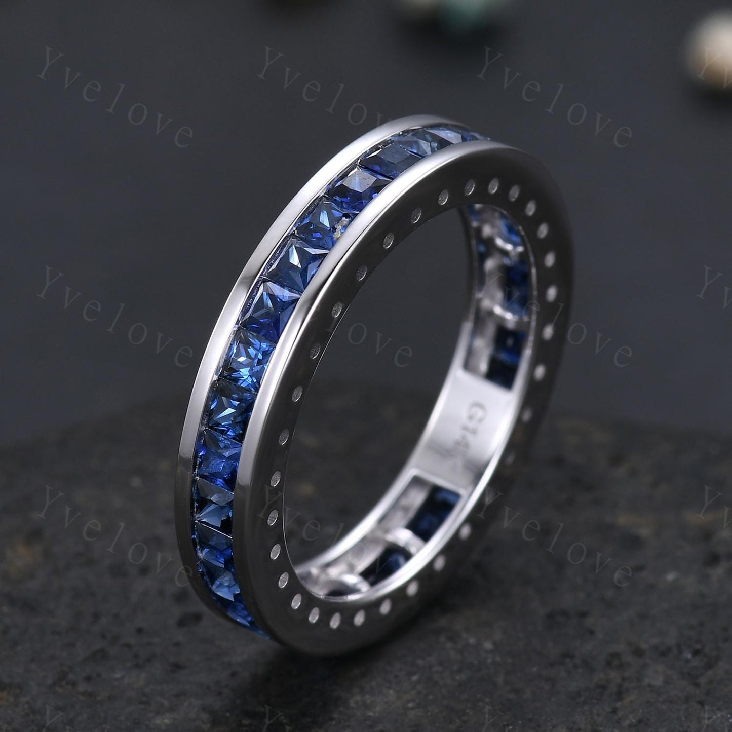Mens Natural Blue Sapphire Wedding Band White Gold Princess Cut Blue Sapphire Ring Full Eternity Ring Anniversary Ring For Men Handmade Gift