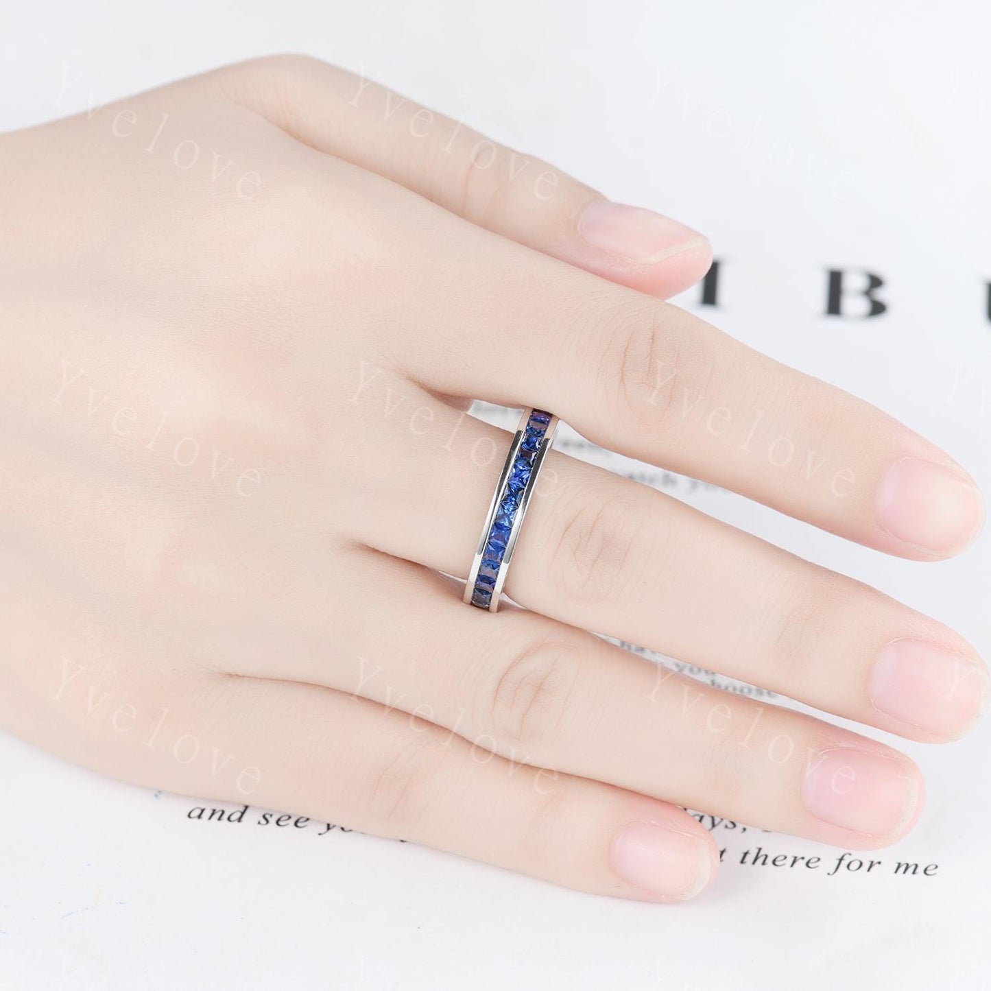 Mens Natural Blue Sapphire Wedding Band White Gold Princess Cut Blue Sapphire Ring Full Eternity Ring Anniversary Ring For Men Handmade Gift