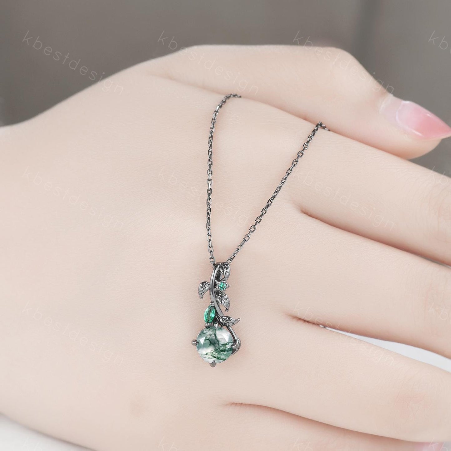 Gothic moss agate necklace women black gold pendant necklace round cut pendant art deco emerald leaf necklace anniversary gift for her