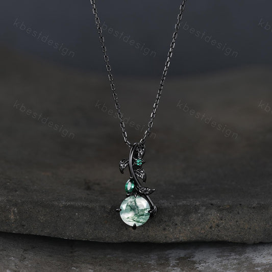 Gothic moss agate necklace women black gold pendant necklace round cut pendant art deco emerald leaf necklace anniversary gift for her