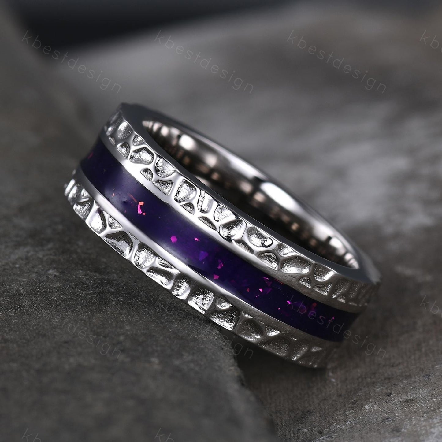 Mens Purple Enamel Wedding Band Unique Eternity Wedding Ring 925 Sterling Silver Ring Mens Hammered Stacking Matching Band Personalized Gift