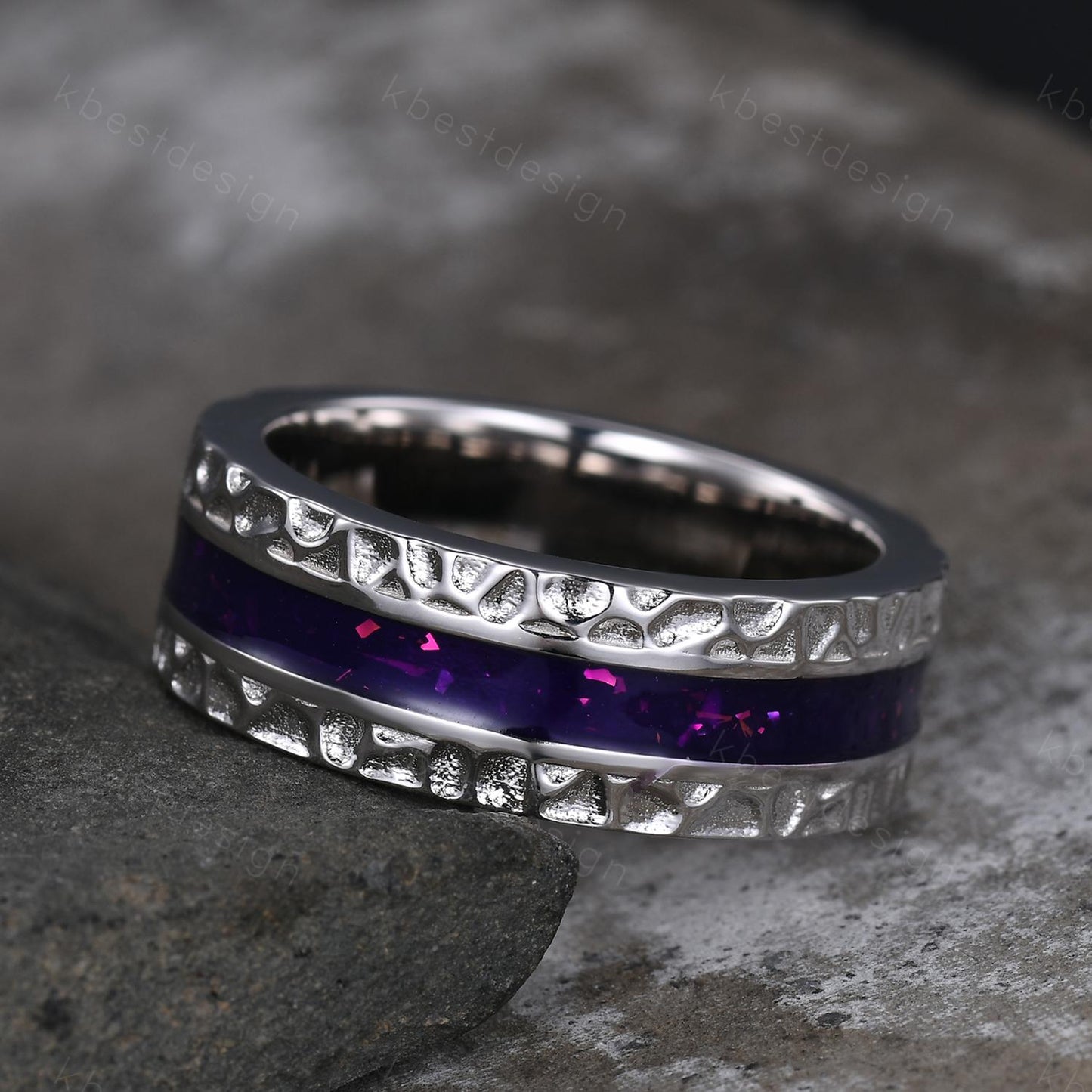 Mens Purple Enamel Wedding Band Unique Eternity Wedding Ring 925 Sterling Silver Ring Mens Hammered Stacking Matching Band Personalized Gift