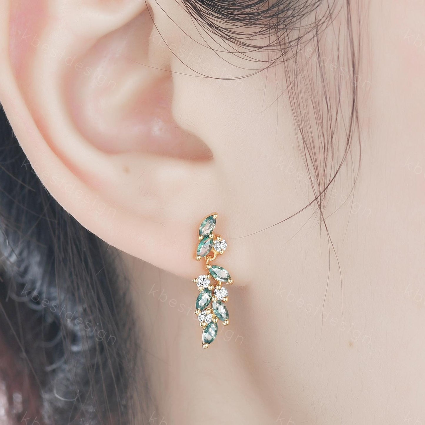 Moss agate cluster earring studs Unique marquise cut moss agate earrings Vintage Moissanite yellow gold jewelry Anniversary gift for her