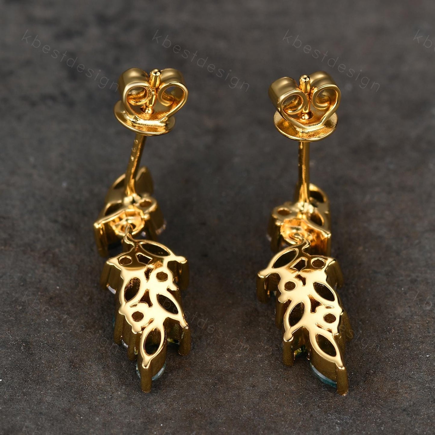 Moss agate cluster earring studs Unique marquise cut moss agate earrings Vintage Moissanite yellow gold jewelry Anniversary gift for her