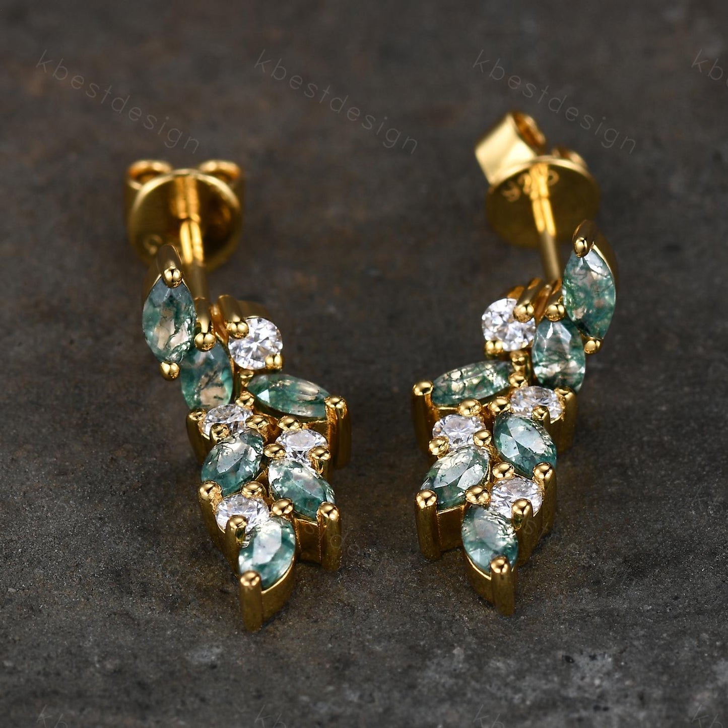 Moss agate cluster earring studs Unique marquise cut moss agate earrings Vintage Moissanite yellow gold jewelry Anniversary gift for her