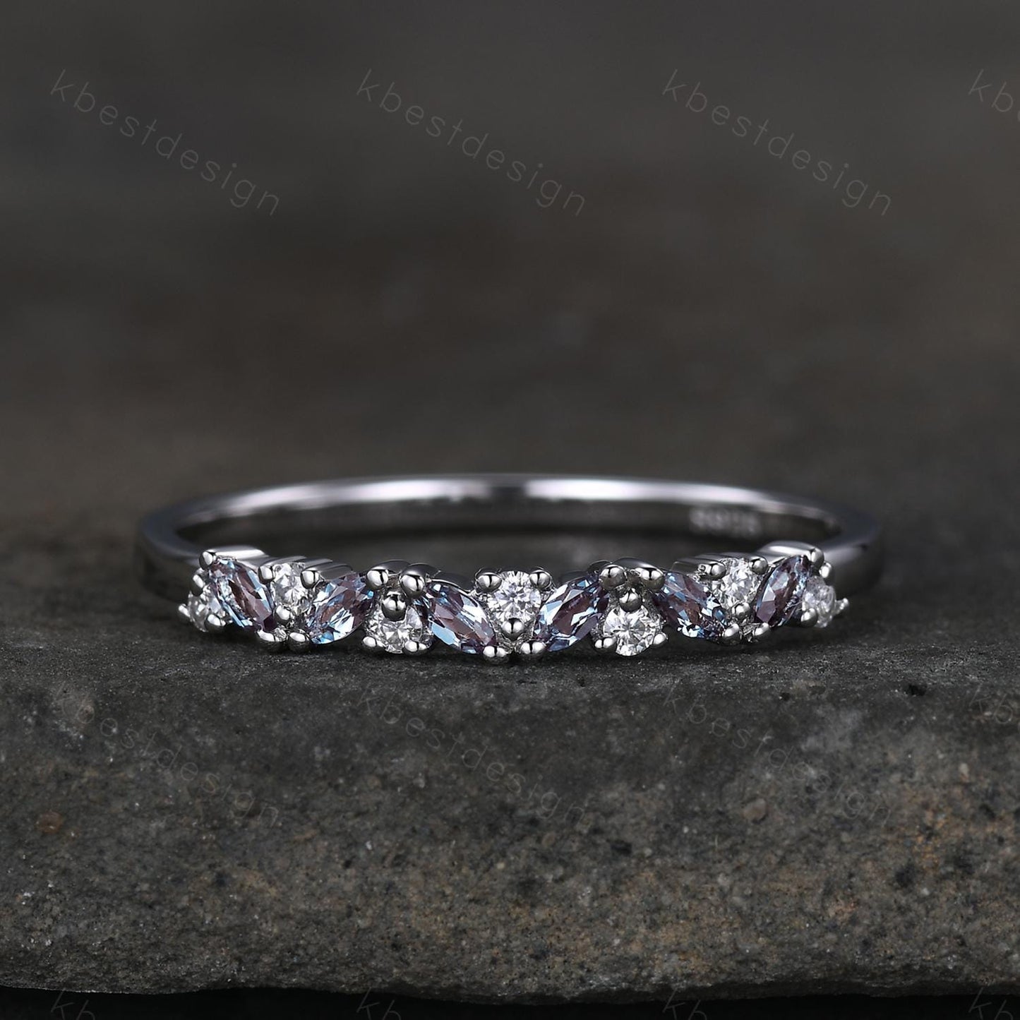 Alexandrite cluster wedding band Unique marquise cut wedding band Vintage Moissanite ring Platinum white gold ring Anniversary gift for her