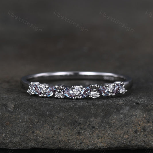 Alexandrite cluster wedding band Unique marquise cut wedding band Vintage Moissanite ring Platinum white gold ring Anniversary gift for her