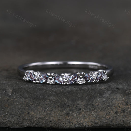 Alexandrite cluster wedding band Unique marquise cut wedding band Vintage Moissanite ring Platinum white gold ring Anniversary gift for her