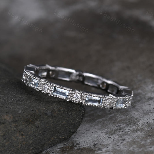 Unique Aquamarine Wedding Band, Baguette Aquamarine Wedding Band, March Birthstone Ring, Art deco Wedding Ring, Anniversary Ring Gift