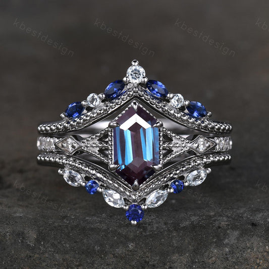 Vintage Alexandrite engagement ring Set Unique art deco milgrain bridal ring Double curved Blue Sapphire wedding band Promise Ring set