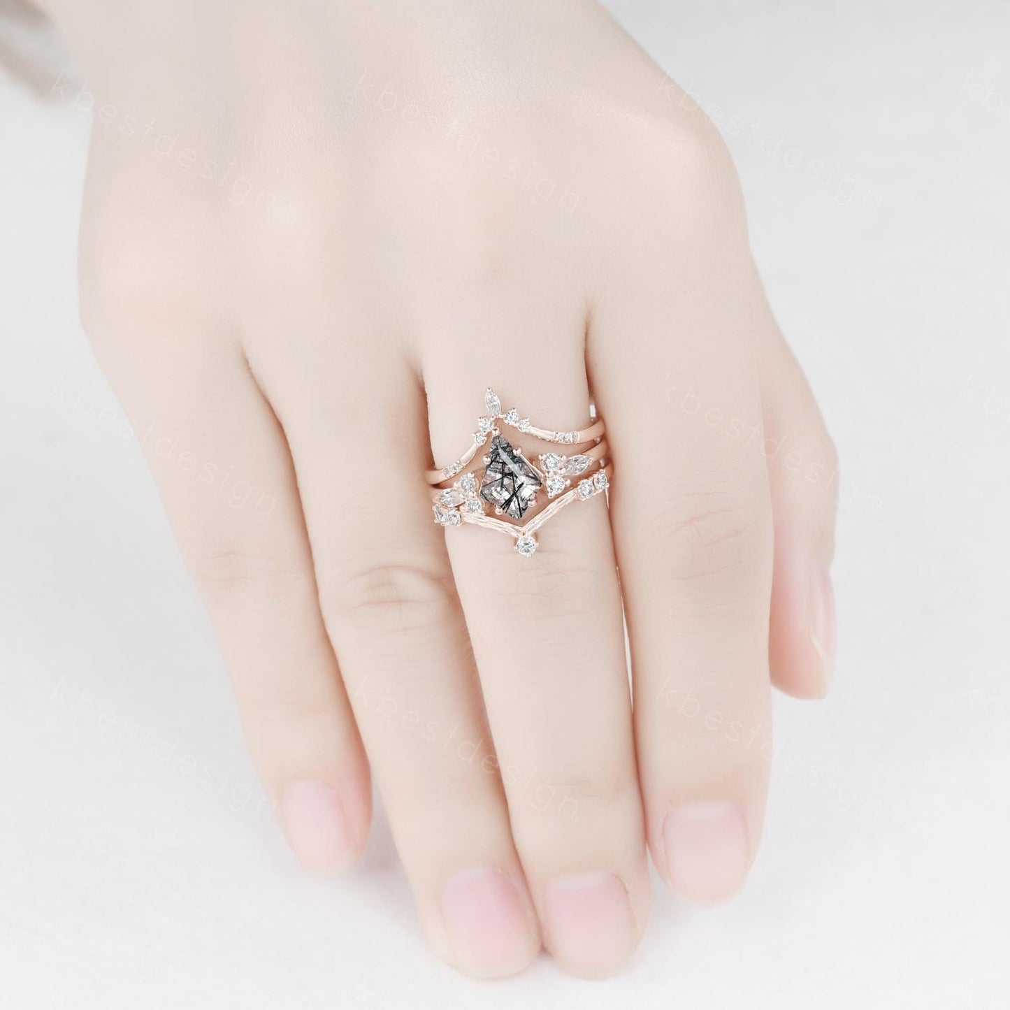 3PCS Vintage black rutilated quartz engagement ring rose gold ring art deco curved bands kite cut bridal set unique moissanite wedding set