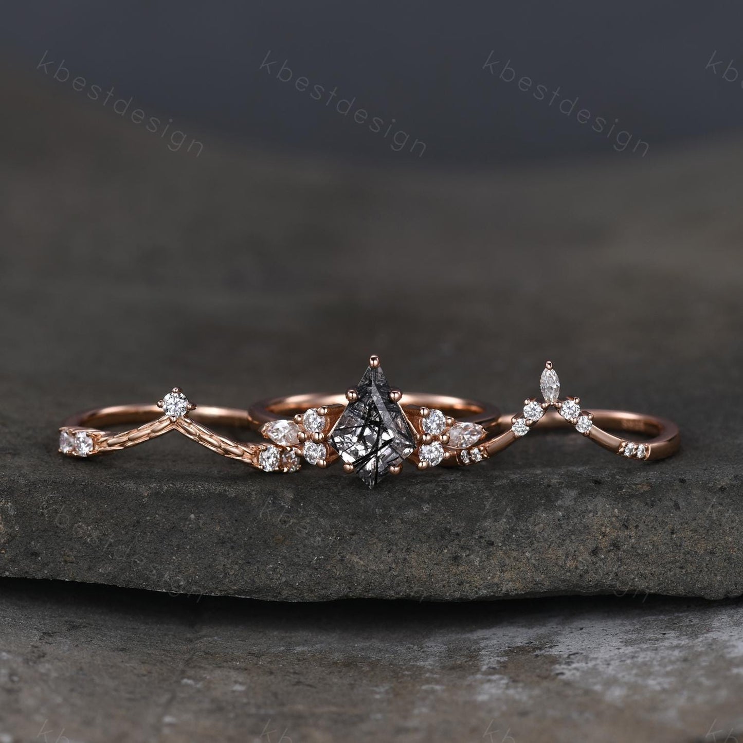 3PCS Vintage black rutilated quartz engagement ring rose gold ring art deco curved bands kite cut bridal set unique moissanite wedding set