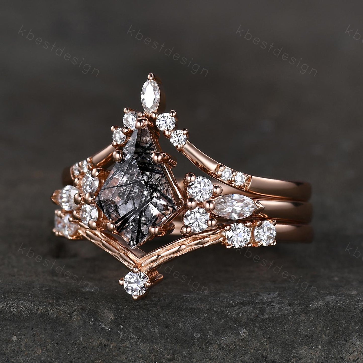 3PCS Vintage black rutilated quartz engagement ring rose gold ring art deco curved bands kite cut bridal set unique moissanite wedding set