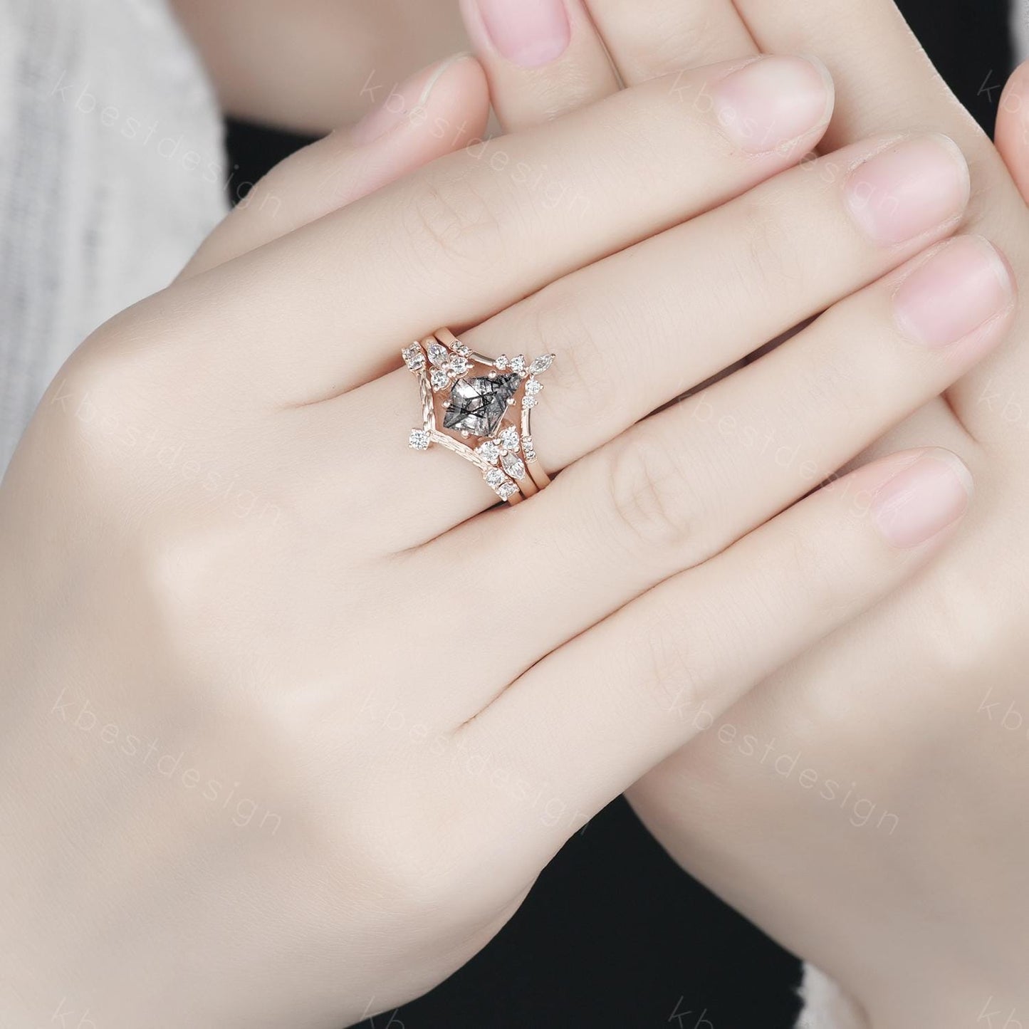 3PCS Vintage black rutilated quartz engagement ring rose gold ring art deco curved bands kite cut bridal set unique moissanite wedding set
